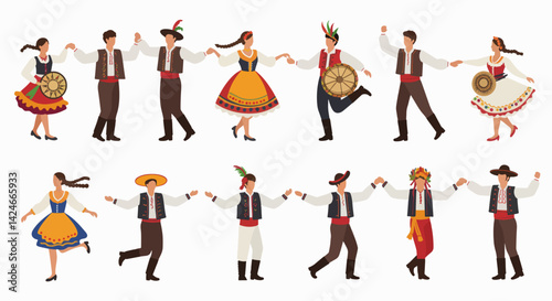 Traditional dancers performing joyful folk dance in colorful costumes  