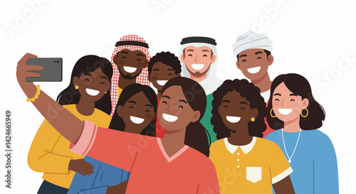 Diverse group of friends smiling while taking a selfie against white background  