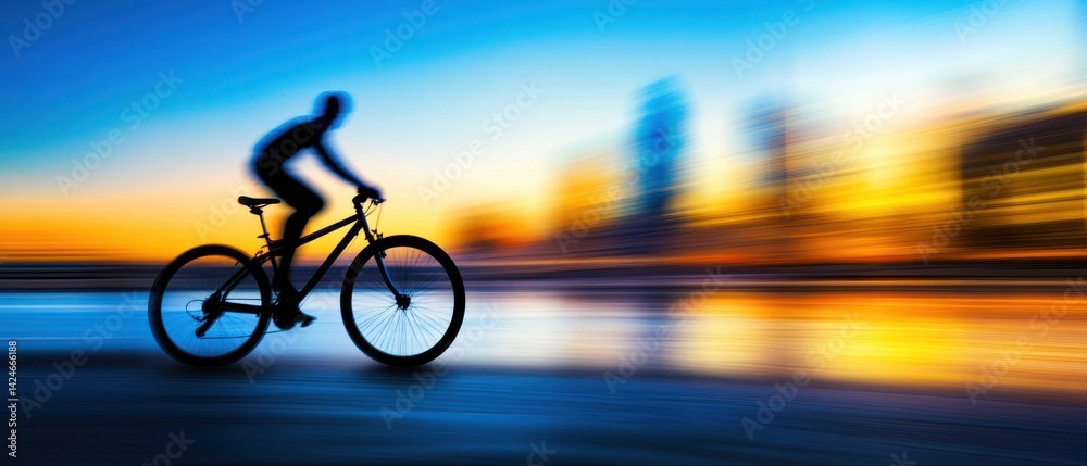 Fototapeta premium Silhouette Cyclist at Sunset: Motion Blur Cityscape