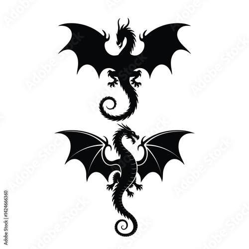 Set Of Tribal Dragon Silhouette Vector Illustration