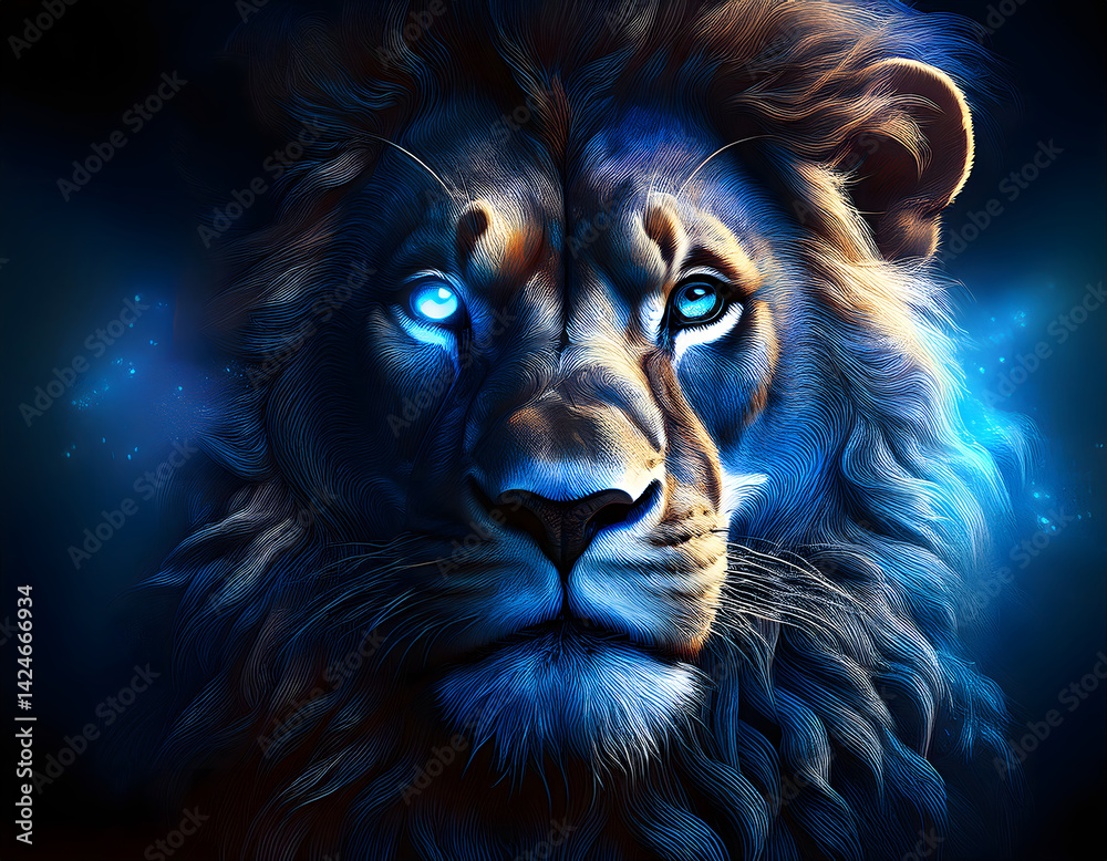 Naklejka premium Majestic Lion Portrait, Glowing Blue Eyes, Dark Background, Digital Art, Fantasy, Wildlife.