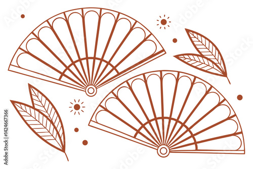 72 Minimalist fan shapes, Geometric sunburst designs, Art deco inspired patterns, Copper-colored lines and dots, Symmetrical radial arrangements, Elegant decorative elements, Simple yet sophisticated 
