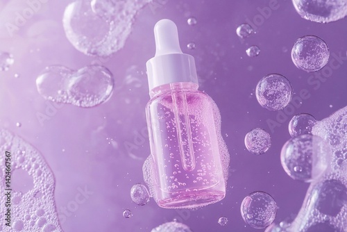 
Bubbles floating around, product photography of a purple serum bottle, minimalistic, against a purple background