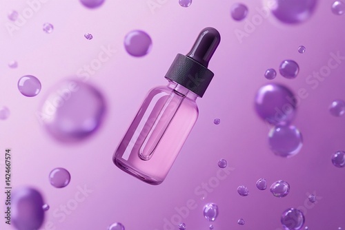 
Bubbles floating around, product photography of a purple serum bottle, minimalistic, against a purple background