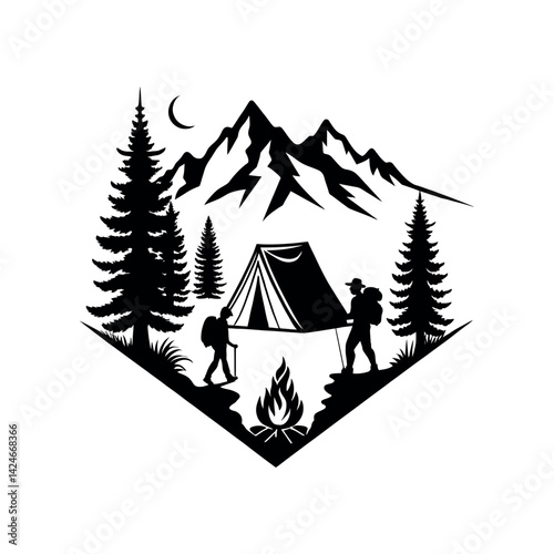 camping silhouette logo vector line art logo design