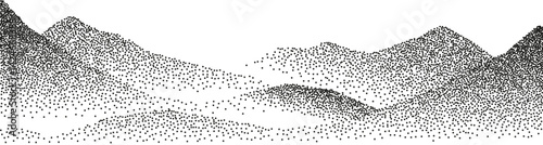 Grain stippled mountains landscape. Vector illustration in black dotted particle terrain, stippling peak, rock or pyramid, silhouettes.