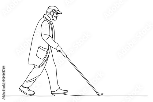 Blind Person Line Art Walking with Cane