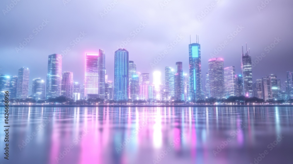 Fototapeta premium Vibrant city skyline at night, reflected in calm water. Modern buildings illuminated with pastel colors