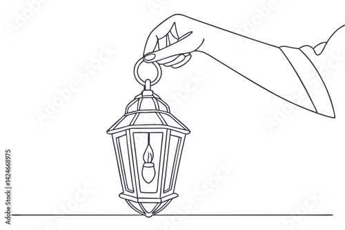 Single Line Drawing of Lantern with Hand