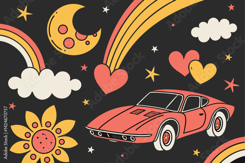 76 Colorful abstract shapes, Playful pattern design, Black background, Vibrant colors, Hearts, Stars, Flowers, Crescent moons, Clouds, Geometric forms, Retro style, Childlike aesthetics, Seamless repe