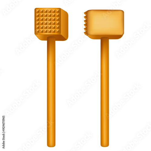 Wooden Meat Tenderizer, Front and Side Views with handles, wood grain texture. Hardwood mallet with teeth to pound meat, poultry, crack seafood shells, crush nuts, garlic. Isolated on white background