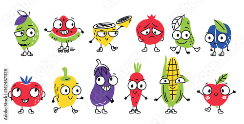 Cute doodle fruits and vegetables characters. Funny set. Vector isolated illustration