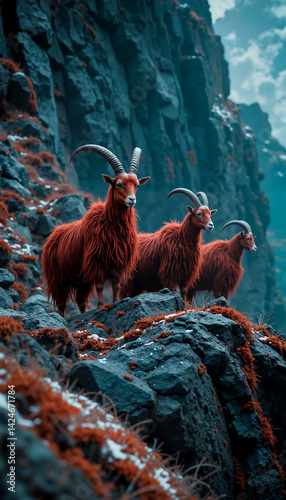 Long haired red goats with sharp horns standing on a black rock cliff with snowy red moss

