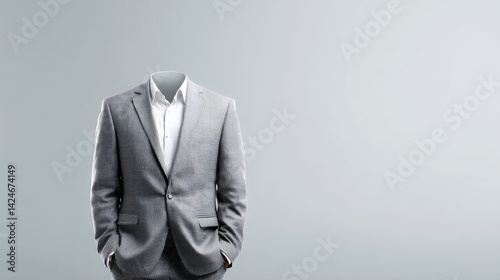 Professional businessman standing motionless, grey suit covering body, displaying workplace stress against neutral backdrop