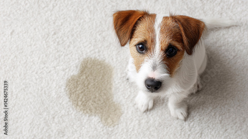 Mischievous Jack Russell Terrier puppy sitting beside wet carpet stain, revealing typical house training challenge