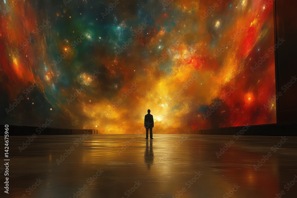 Fototapeta premium Silhouette of a Person Standing Before a Vibrant Cosmic Landscape Featuring Abstract Space Art