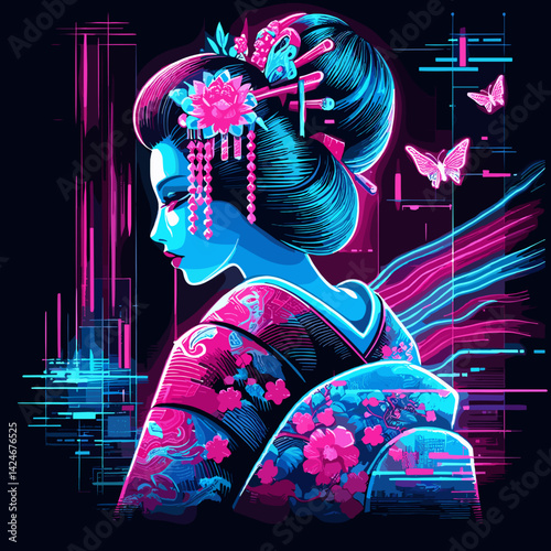 Futuristic geisha portrait with neon colors and digital effects against a dark background