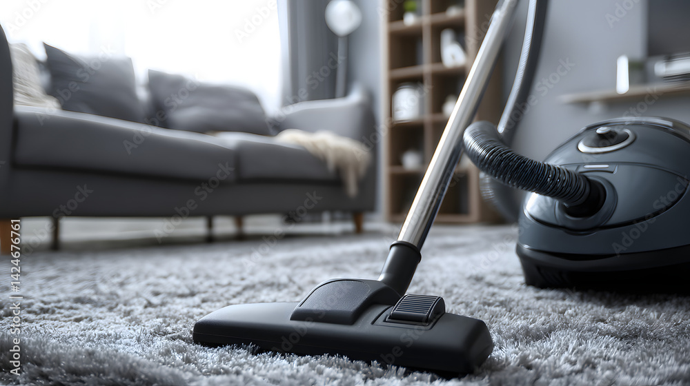 A modern vacuum cleaner on a plush rug, emphasizing cleanliness in a cozy living room setting.