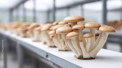 Organic mushrooms growing in a modern, high tech greenhouse environment, utilizing smart technologies for efficient and sustainable cultivation photo