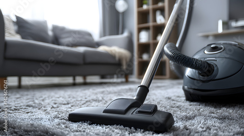 Obraz na płótnie A modern vacuum cleaner on a plush rug, emphasizing cleanliness in a cozy living room setting. w salonie