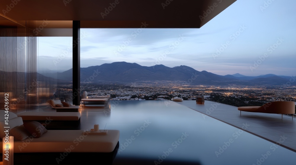 Fototapeta premium Panoramic infinity pool overlooking mountain city skyline. Luxury modern architecture with outdoor living space