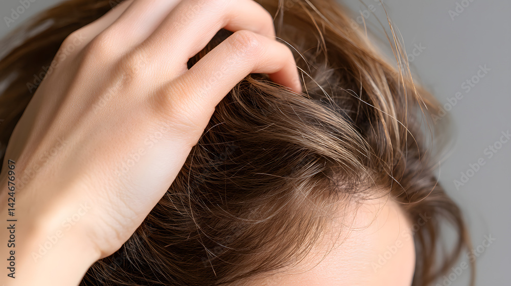 Fototapeta premium A close-up of a woman's hand running through her tousled hair, capturing a moment of relaxation and self-care.