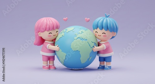 3D Render of Two Cute Cartoon Children Hugging Earth With Pastel Colors Against a Purple Background