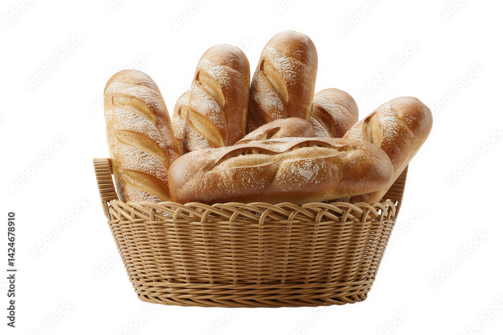 Baguettes in a wicker basket isolated over png transparent background Baguettes in a wicker basket isolated over png transparent background