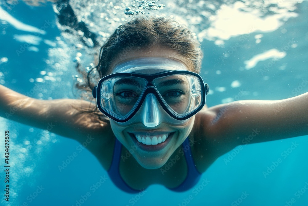 Naklejka premium A dense school of silver fish swims next to her. Bright commercial style image. A attractive and sexy happy caucasian young woman with medium hair with a happy face snorkeling among the cora.