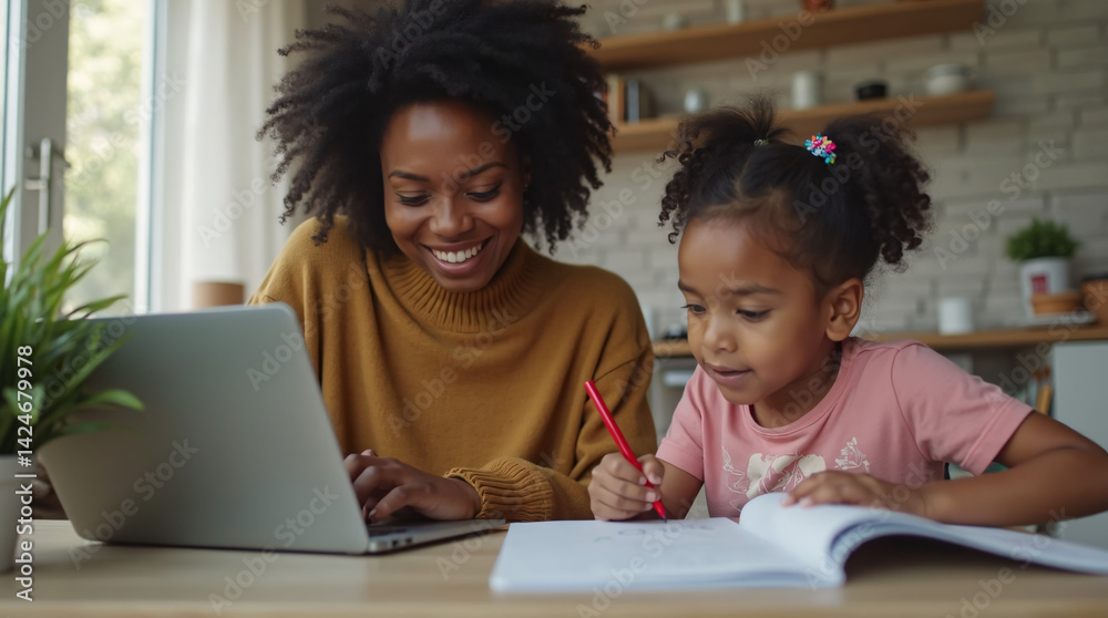 Afro-descendant mother working from home. Afro-descendant mother working from home.