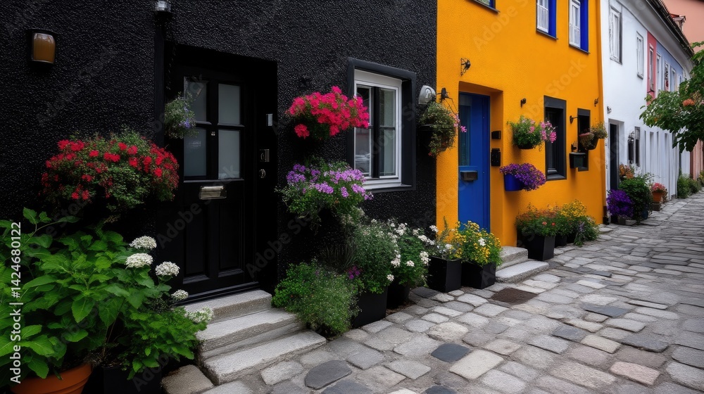 Fototapeta premium Colorful European Townhouses with Hanging Flower Baskets