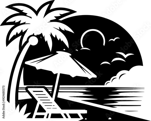 Tropical Beach Scene Palm Tree, Sunset, Beach Chair, and Umbrella Illustration