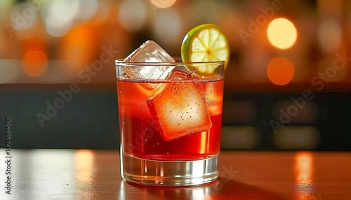Classic Negroni Cocktail with Ice Cubes and Lime Garnish