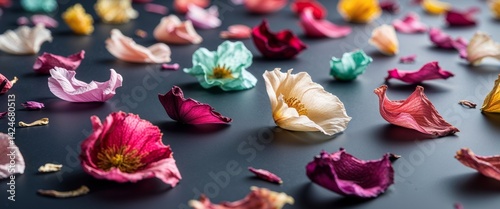 Colorful Dried Petals in Various Shades on Dark Background
