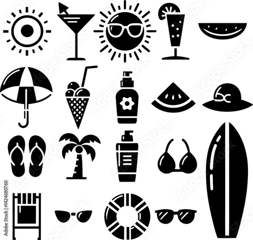 Summer Vacation Icons Sun, Beach, Drinks, and Relaxation