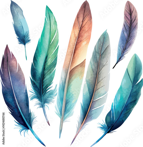  Watercolor style flying realistic colorful feathers watercolor illustration set