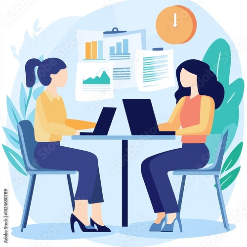 Vector illustration of two business women working in office. Teamwork concept.