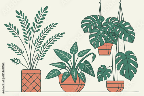 86 Indoor plants, potted houseplants, botanical illustration, minimalist design, vibrant green foliage, terracotta pots, ceramic planters, tropical leaves, philodendron, snake plant, fiddle leaf fig, 