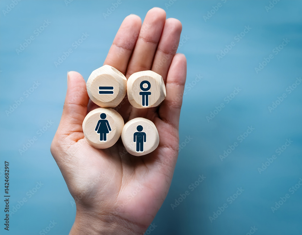 custom made wallpaper toronto digitalHand Holding Cubes with Gender Equality Symbols Equal Sign, Male, Female, and Gender Neutral Representation.