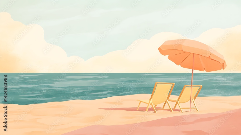 Fototapeta premium Beach chairs with umbrella, and ocean view.