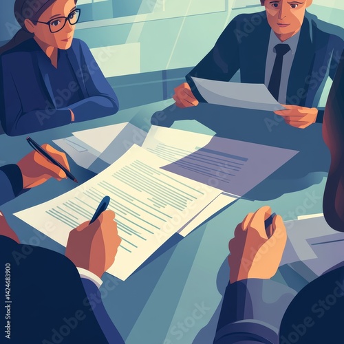 Vector illustration of business people signing contract. Businessman and businesswoman signing contract.