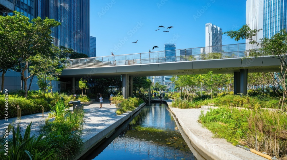 Urban waterway park, connecting modern architecture and nature. Urban waterway park, connecting modern architecture and nature.