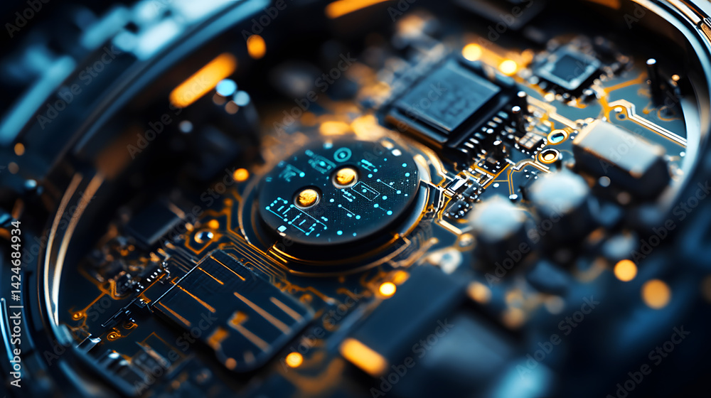 Close-up of futuristic watch showcasing intricate electronic circuit board Close-up of futuristic watch showcasing intricate electronic circuit board
