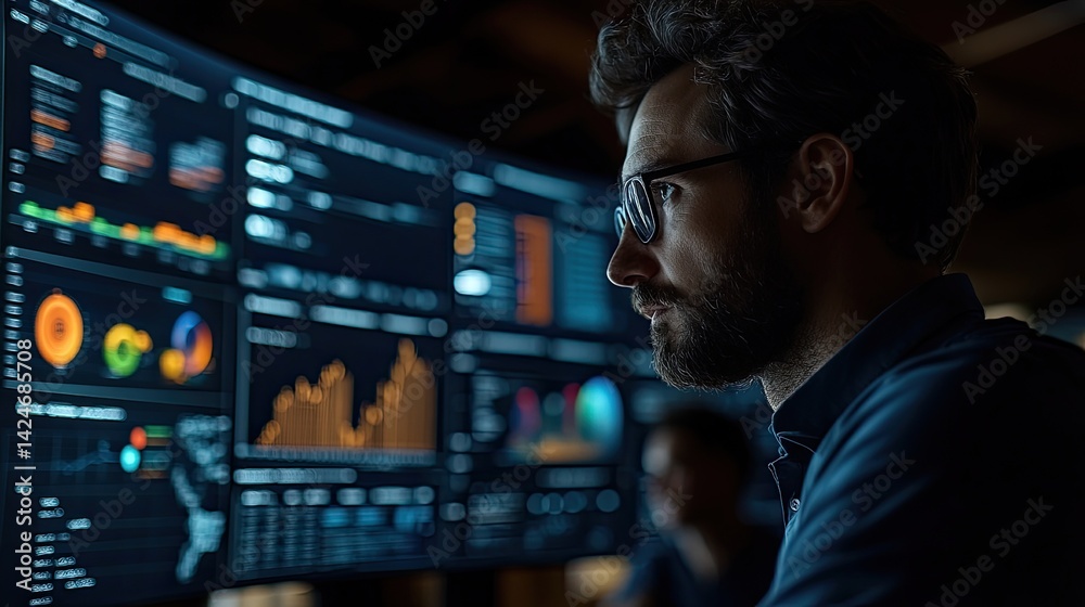 A professional person working on data analysis displayed on screens A professional person working on data analysis displayed on screens