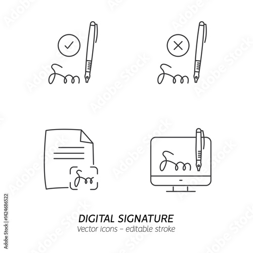 Signing contract with digital pen on phone icons set. Digital signature, business contract, electronic collection, e-signature concept. Vector illustration flat outline icons. Editable stroke