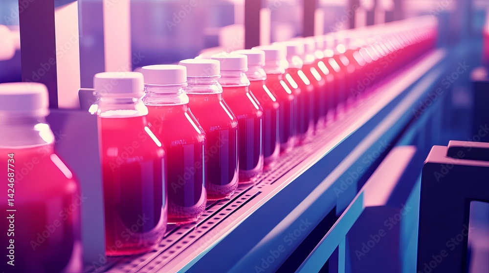 Pink juice bottles on conveyor belt in factory production line red food mass drink clean plant image Pink juice bottles on conveyor belt in factory production line red food mass drink clean plant image