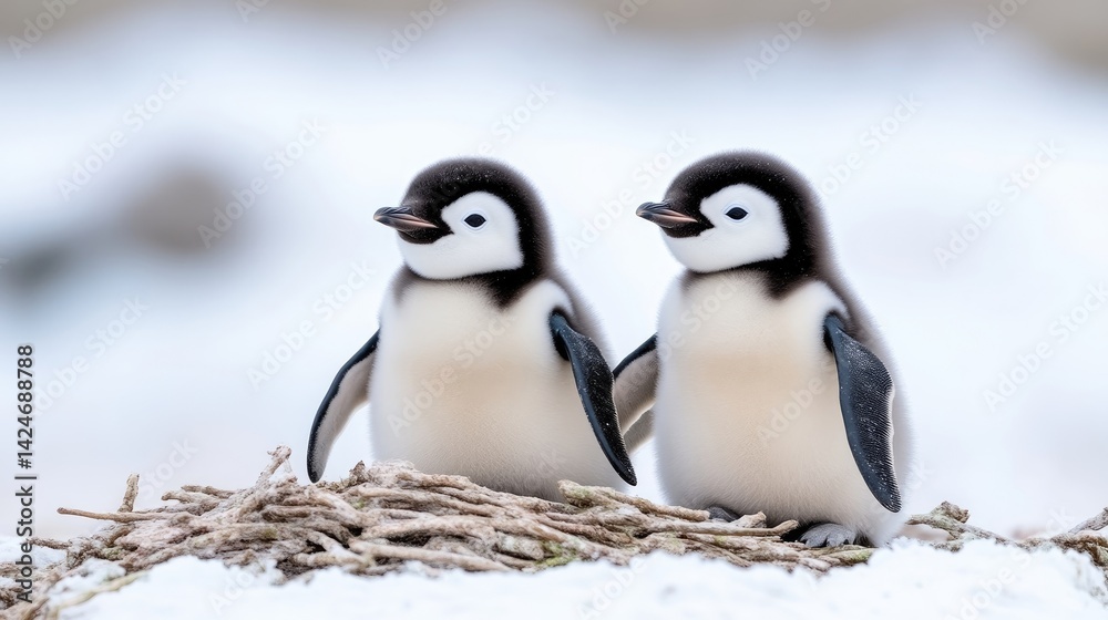 Fototapeta premium Two adorable baby penguins on a snowy nest