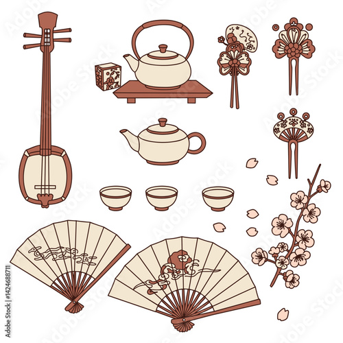 Collection of traditional Japanese cultural items including tea sets, instruments, and floral decorations