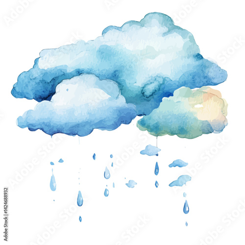 Soft spring clouds and falling drizzle, watercolor illustration, isolated on a white background.


