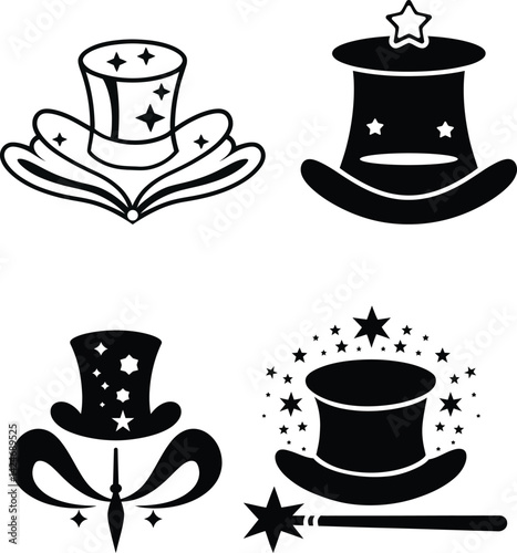 Vector Set of Magic Hats and Wand Silhouettes